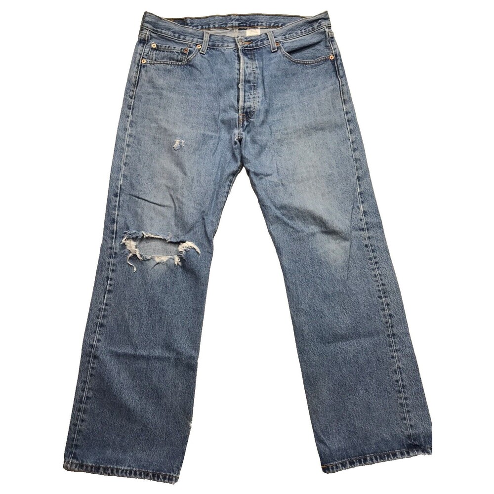 LEVIS 501 Jeans Men 36x30 Rocker Distress Button Fly Light Blue Denim Grunge